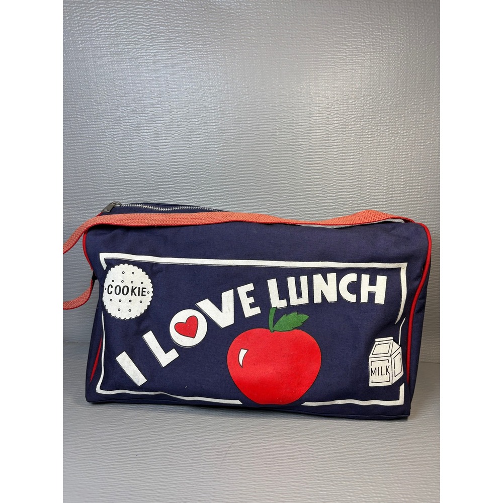 Vintage I Love Lunch Navy Canvas Bag Red Strap Apple Cookie Milk Graphic